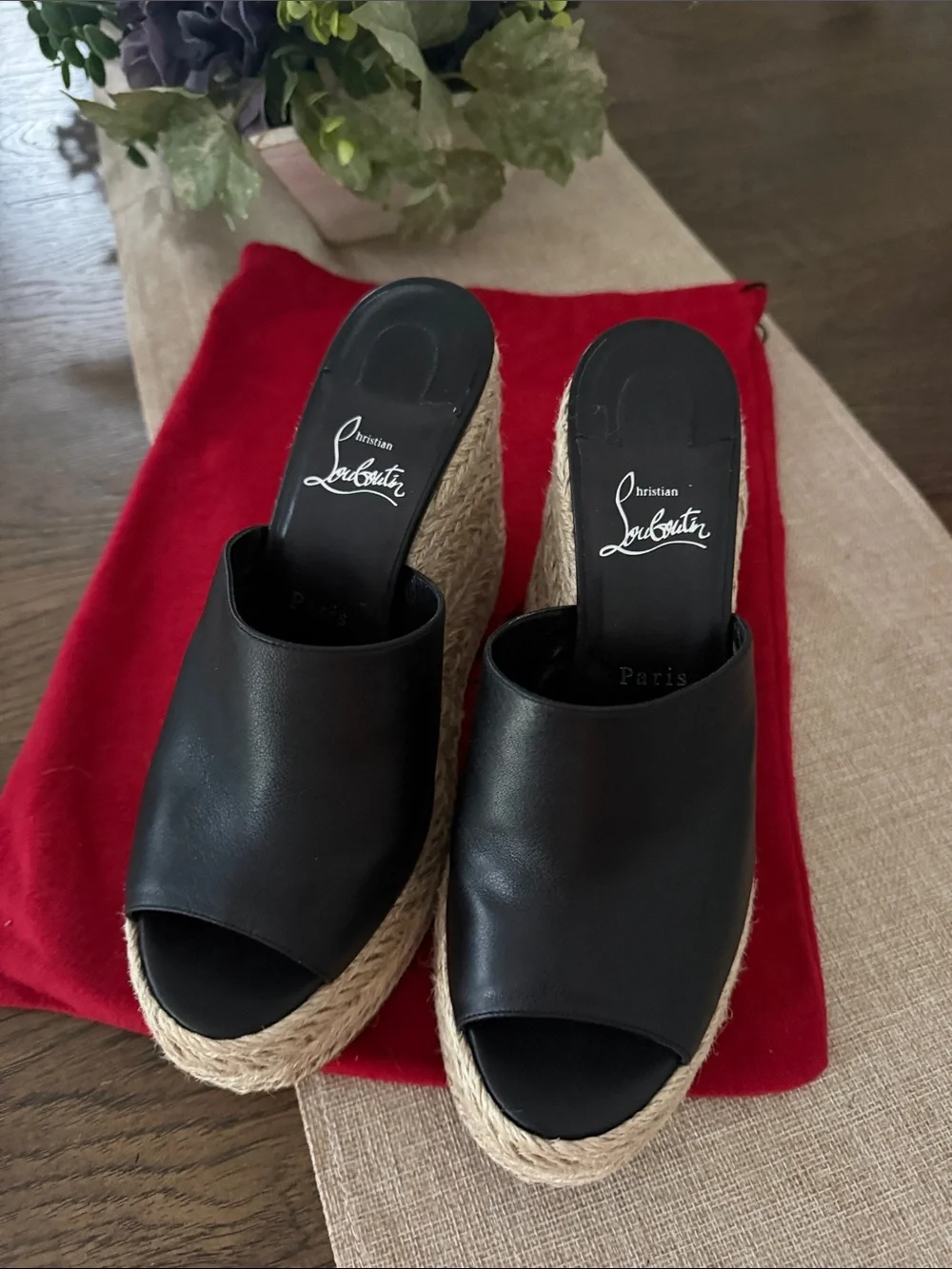 Christian Louboutin Black Leather vraided heel Wedge 5
